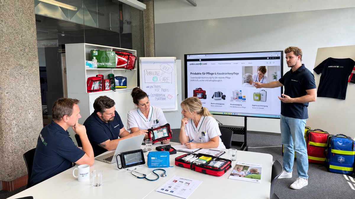 Pflegefachkraft bei der Planung einer übersichtlichen mobilen Pflegeausstattung